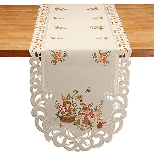 Quinnyshop Ostern Tischband Tischläufer Häschen Ostereier Stickerei Ecru Creme Leinen Optik ca. 45 x 170 cm Oval