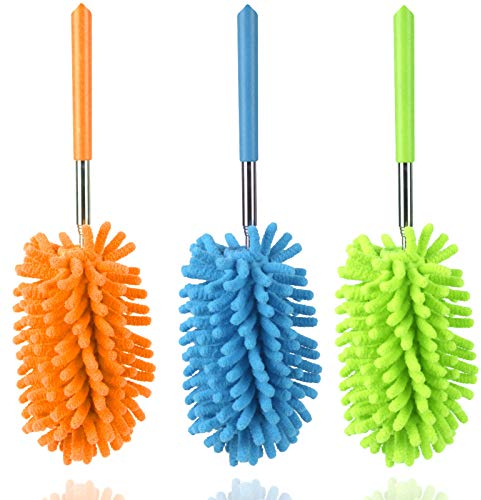 Lorpect Plumero de microfibra con barra telescópica, herramienta de limpieza de microfibra lavable para limpieza de oficina, coche, ordenador, aire acondicionado, plumero lavable, Azul Verde Naranja
