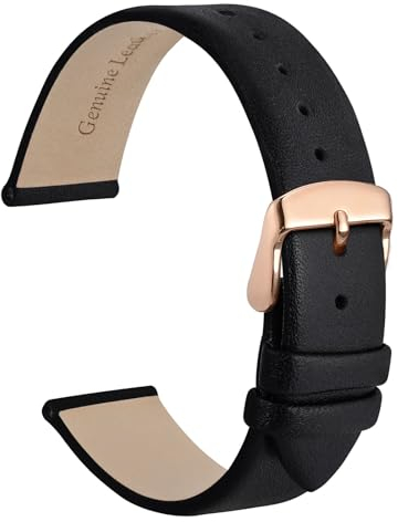 WOCCI 20mm Elegant Leather Watch Strap for Ladies with Rose Gold Buckle (Black)