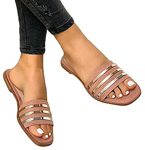 Minetom Sandales Femmes Plates Sandales Été Bout Ouvert Metallic Boucle Plage Vacances Loisir Nu-Pieds Chaussures B Kaki 35 EU