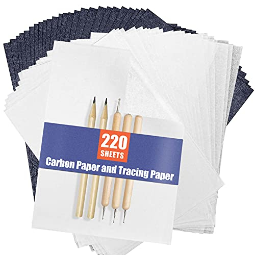 PSLER 120 feuilles de papier transfert blanc et 100 feuilles de papier transfert carbone avec 3 stylets de gaufrage et 2 crayons pour le travail du bois, du papier,