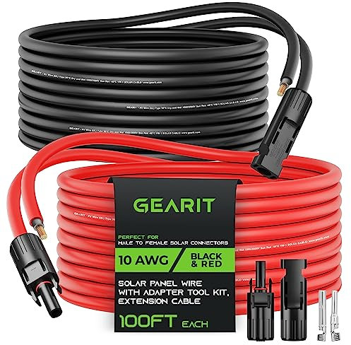 GearIT Câble d'extension solaire 10 AWG - Connecteurs solaires mâles vers femelles pour panneau solaire avec kit d'adaptateur, câble d'extension MC4, 30,5 m - Noir - 30,5 m