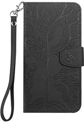 Annuo Schutzhülle für iPhone 7/8/SE 2020, niedlich, Brieftasche, Baummotiv, magnetisch, für iPhone 7/8/SE 2020, stoßfest, Klappdeckel, Kartenschutz, Leder, 3D, Schmetterling, Schwarz