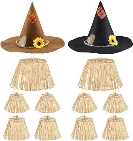 12 Pcs Halloween Scarecrow Costume Accessory, Including 2 Pcs Felt Scarecrow Hats, 10 Pcs Raffia Straw Kit for Adult Halloween Harvest Party Costume, As Pictures Shown, about 26 inches/ 66 cm in head