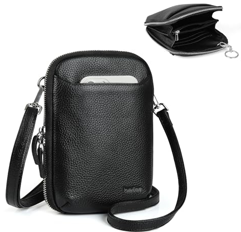 befen Handy Umhängetasche, Echtleder Multifunktionale Handytasche mit Vielen Fächern und Kartenfächer Handytasche zum Umhängen Damen für Tägliches Arbeiten Einkaufen Reisen Phone 15 Pro Max, Schwarz