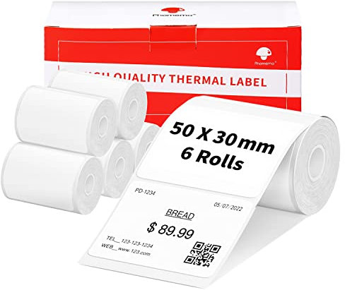 6 Rouleaux D'éTiquettes Phomemo M120/M110, 1.96 X 1.18 (50 X 30 Mm) Papier D'éTiquettes Thermiques Pour Imprimantes D'éTiquettes Phomemo M120/M110/M200/M220, Papier D'éTiquettes Thermiques Blanc