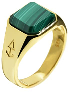 Rock and Steel Gold Herren Ring Siegelring mit Malachite Stein aus 925 Sterling Silber, 18K Vergoldet (61 (19.4 mm))