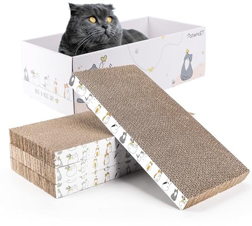 PatiencET Cat Scratch Pad with Box, 4 Pack Cardboard Cat Scratcher Lounge Bed for Indoor Cats, Reversible Corrugated Scratching Board Refill with Catnip