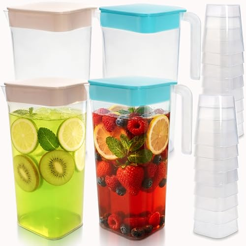 Pumtus 4 Pack Plastic Pitcher with 16 Cups, 2000ml Water Pitcher with Lid and Handle, Unbreakable Heat Resistant Tea Jug, BPA Free Juice Container for Iced Drink, Milk, Home, Party, Beige and Blue