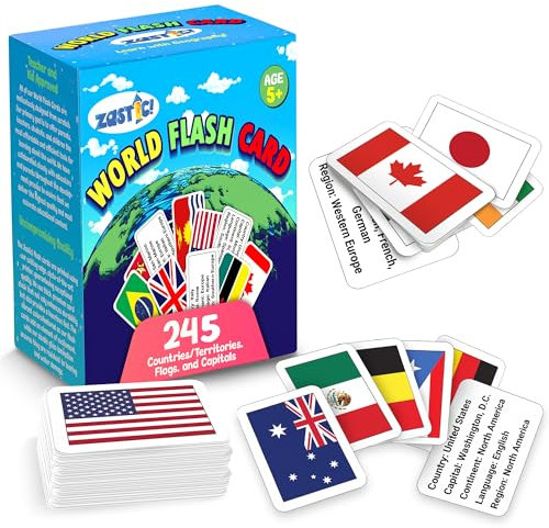 Zastic! Lernkarten mit Weltflaggen, Landesflaggen, Hauptstädte, Sprachen und Kontinente, glänzend, laminiert, für Kinder, Geographie, 245 Stück