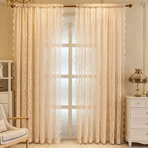 Ricemru Beige Spitzenvorhang Vintage Spitze Vorhang Transparent Barock Blumenmuster Boho Vorhänge Gardinen Lichtdurchlässig Gardine Dekoschal Fensterschal für Wohnzimmer Schlafzimmer,2 Stück 140x245