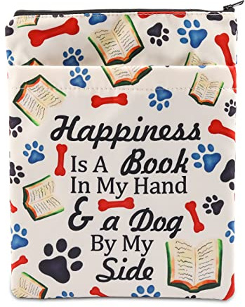 Book Lover Book Sleeve Dog Lover Gift Happiness is A Book in My Hand & a Dog By My Side Book Protector for Animal Lover (Happiness -B)