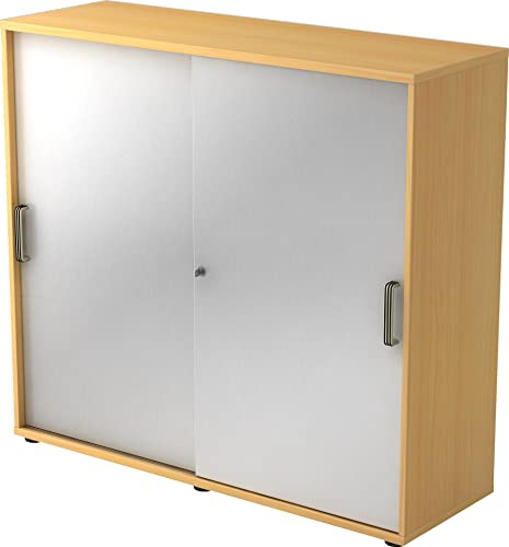bümö Schiebetürenschrank 3OH - Aktenschrank abschließbar, Sideboard Schrank mit Schiebetüren in Buche/Silber - Büroschrank aus Holz mit Schiebetür, Büro Kommode für Ordner & Co.