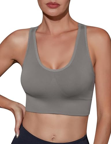 Migcaput Damen Sport BH Gepolstert Crossback Yoga Sports Bra Rücken Verkreuzt Gerippt Bustier Ohne Bügel Atmungsaktiv BH mit Abnehmbaren Cups Sport Top Damen grau M