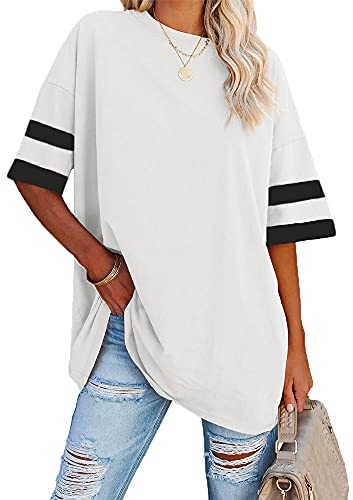 Ebifin Damen Oversize T Shirt Rundhals Kurzärmeliges Tops Casual Lockere Basic Sommer Tee Shirts Bluse.Weiß.XL