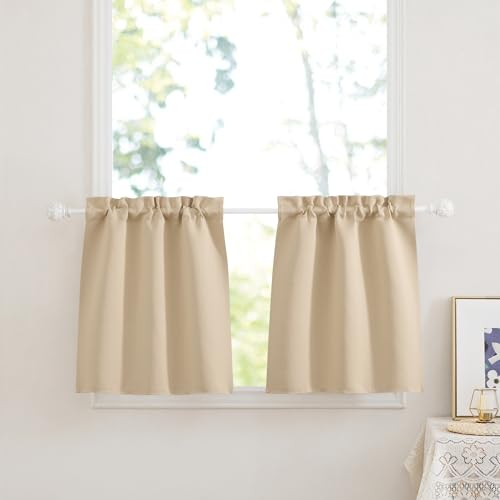 PONY DANCE Bistrogardine 2er Set B 60 x H cm Gardinen Kurz Vorhang Blickdicht mit Stangedurchzug Scheibengardine Küche Fenster Badezimmer, Biscotti Beige