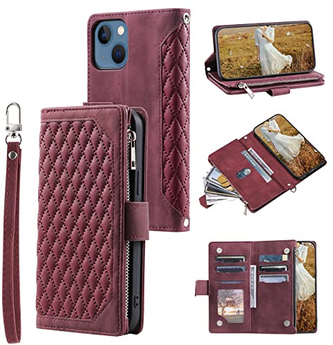QLTYPRI Wallet Case for iPhone 13(6.1 inch),Luxury Quilted PU Leather Wallet Case with Card Slots for Women,Magnetic Zipper Purse Case with Wrist Strap Kickstand Shockproof Flip Cover-Wine Red