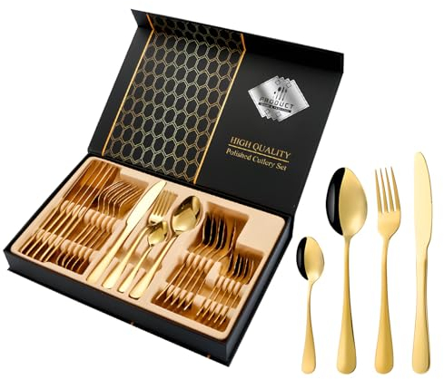Vaisselle gravée personnalisée, coffret cadeau de couverts en acier inoxydable de 24 pièces, cadeau d'anniversaire, ensemble de vaisselle pour réunion de famille (or)