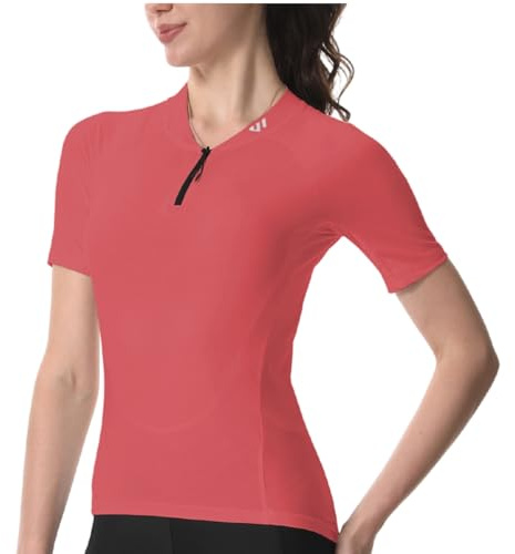 Wulibike Radtrikot Damen Halber Reißverschluss Kurzarm Atmungsaktiv | Lockere Passform, Schnelltrocknend, 4 Taschen mit Reißverschlusstasche, Reflektierende Streifen für Rennrad MTB Gravel