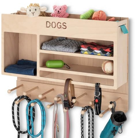 INEXTERIOR Hundegarderobe Deluxe - aus Holz - Handgefertigt in Deutschland - Mit großer Ablage und Kotbeutelspender - Garderobe für Hundeleinen (Natur)