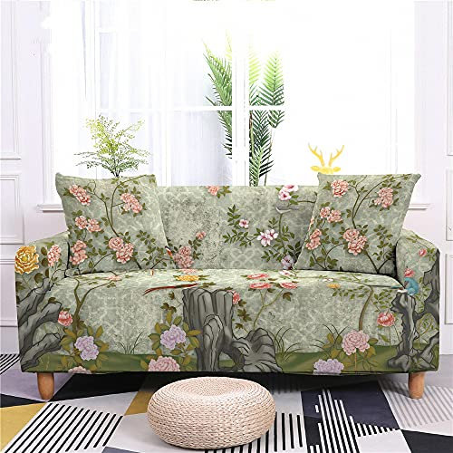 Sofa überzug Vintage Grüne Blumen Sofabezug Elastischer Couch überzug Waschbar Sofa Cover Universal Sofabezug l Form Sofaüberwurf Sofaschoner Für Hunde Haustiere Sofahusse 3 Sitzer