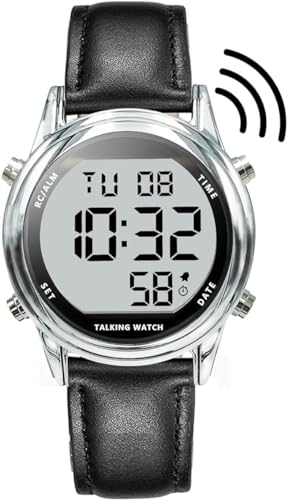 MAUJOY Damen-LCD-Armbanduhr mit Stimme für sehbehinderte, Blinde und ältere Menschen, Laute und klare Stimme, spricht Deutsch (Silber – schwarzes Lederarmband)