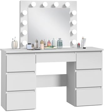 Meblowa1, Schminktisch mit LED Beleuchtung, Schminkspiegel mit Großem Hollywood Spiegel - Vanity Mirror, 12 LED-Leuchtmittel Neutrale Farbe, 7 Schubladen, Modern Frisiertisch, Weiß, 120x75x43cm
