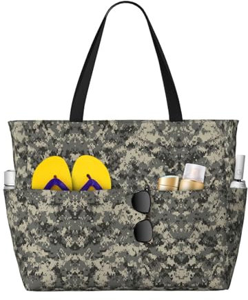 ZISHAK Großzügige Handtasche, sandabweisende Strand-Tragetasche für modische Damen mit digitalem Camouflage-Muster, Schwarz, Einheitsgröße