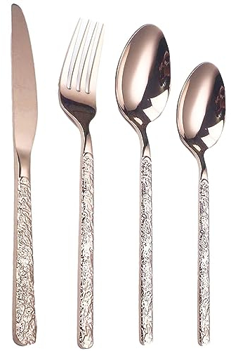 HPTHLY Besteckset, Besteck, Roségold, gehämmertes Besteck, lebensmittelechter Edelstahl, für Privathaushalte, Restaurants und kleine Unternehmen, Geschirr mit Hochglanzoberfläche, 24-teilig