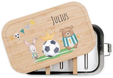 wunderwunsch® - Personalisierte Brotdose zur EM- Robuste und Individuelle Edelstahl Brotdose mit Namen - Fußball Geschenke, Geschenk Fussball (klein Edelstahl,Fußball Tiere)