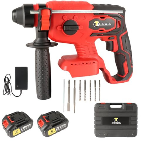 CONENTOOL 480W SDS Plus Cordless Hammer Drill with 2×6.0 Ah Battery, 2.0J Heavy Duty Brushless Motor Electic Dills, 360 ° Rotary Hammers with 5 × Drill Bits, 2 × Chisel, Red