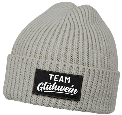 MoonWorks® Herren Beanie mit Patch Strickmütze mit Spruch Team Glühwein Aufdruck Lustig Mütze Männer Grau Unisize