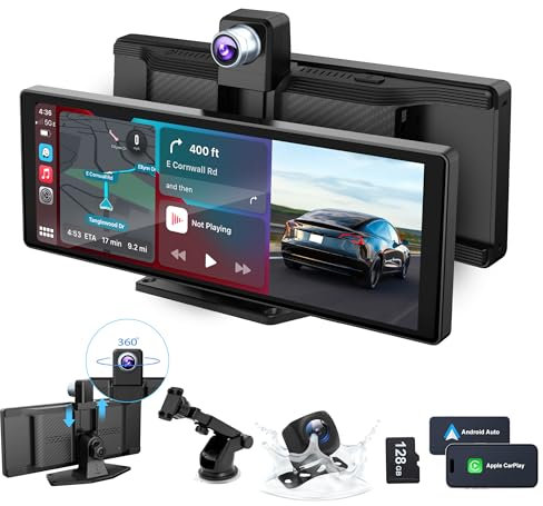 Portable Car Stereo,for Wireless Apple Carplay & Android Auto,10.26 Inch 1080P HD Touch Screen Radio with BT 5.0, Mirror Link Support Truck RV Dash Mount (10.26 inch+Dual - camera)