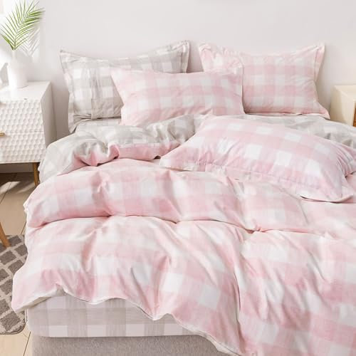 Nyescasa Housse de Couette 240x260 à Carreaux Vichy Rose et Gris Réversible Parure de lit Adulte 2 Personnes en Microfibre Set de Housse de Couette avec Fermeture Éclair et 2 Taies d'oreiller 65x65 cm