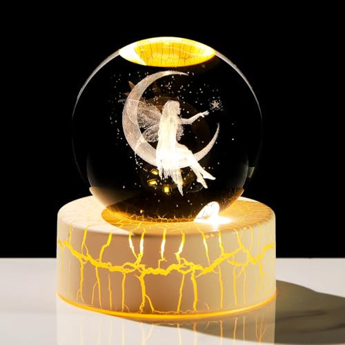 Movdyka Kristall-3D-Fee auf Mond, 6 cm, Hexenkugel, Tinkerbell-Figur, Geschenke für Frauen, Tochter, Sammlerstück, Hexenkugel mit warmem Lichtsockel, für Feenliebhaber zum Geburtstag, Heimschmuck