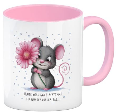Maus mit Blume Kaffeebecher in rosa - wundervoller Tag Lustige Motiv-Tasse für Büro oder Homeoffice