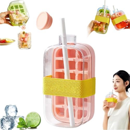 Ice Cube Bottle with Straw,2 in 1 Water Bottle Ice Cube Tray with Lid and Bin,Vertical Ice Cube Tray with Straw,One-Touch Ice Release & No Touching,Ice Cube Making Bottle ﻿ (Pink-800ml)