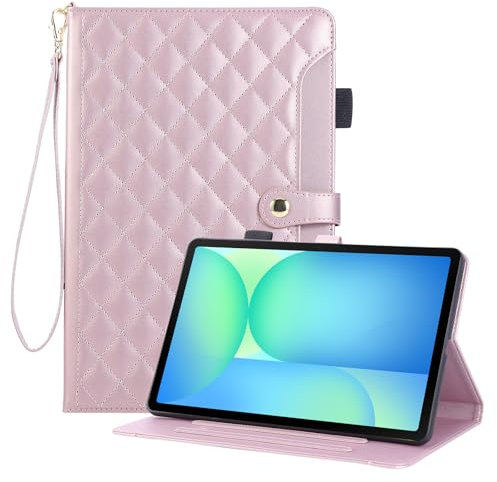 Rosbtib Funda para Samsung Galaxy Tab S10 FE 2025 10.9/ S9 FE 10.9/ S9 11, Funda de Piel PU Bordada a Cuadros con Correa de Mano, Soporte y Cierre magnético para Galaxy Tab S10 FE - Rosa