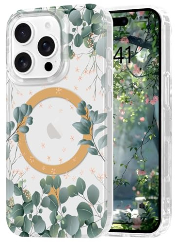 Ethanger Floral Magnetic Case for iPhone 16 Pro, Green | Compatible with Magsafe, Aesthetic Artistic Retro Flower Cover, for Women Girls, Shockproof Protective Phone Case