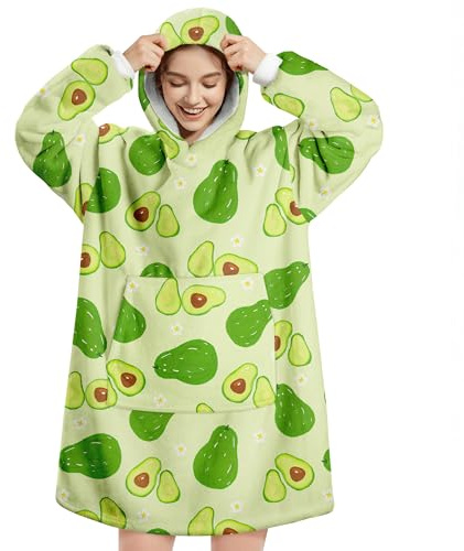 Queenshin Hoodie Decke Oversize Grüne Avocado mit Ärmeln Kuscheldecke Deckenpullover für Damen Herren, Tragbare Decke zum Anziehen Erwachsene, Übergroßer Hoodie Sweatshirt Sherpa Warm und Weich
