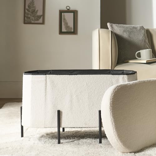 OHS Large Round Ottoman Storage Box, Decorative Oval Boucle Footstool with Hidden Storage & Sturdy Metal Legs Space Saving Ottoman Bench for Living Room Bedroom, Cream