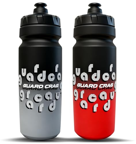 GUARD CRAG Fahrrad Sport Trinkflasche 2er-Pack 750ml, Mit Squeeze-Funktion, Auslaufsicher & Geschmacksneutral, BPA-Frei PP5, für Radsport, Fitness, Wandern, Schwimmen (Schwarz/Grau & Schwarz/Rot)