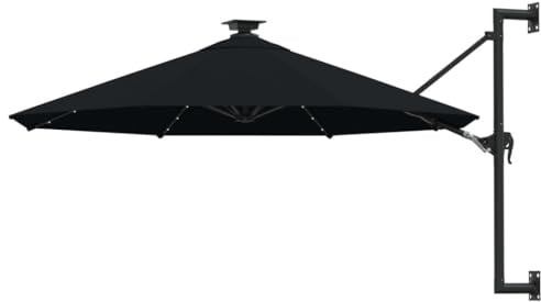 Parasol mural, 28 LED, diamètre : 300 cm, noir, en polyester UV, pour balcon, terrasse, jardin, mécanisme à manivelle, fonction d'inclinaison, 8 baleines avec support mural