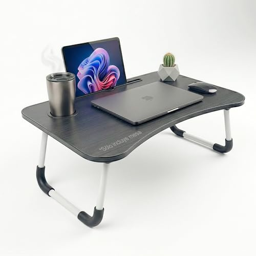 Mesa Portátil para Cama y Sofá con Portavasos y Ranura para Tablet, Mesa Plegable para Portátil hasta 17.3”, Bandeja Desayuno Cama Antideslizante, Soporta 20 kg, Mesa Laptop para Trabajar, Estudiar