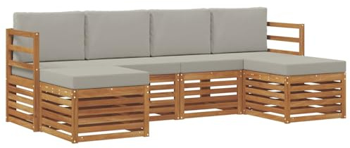 vidaXL Sofagarnituren 6 pcs Natürlich und Hellgrau Massivholz Akazie, Outdoor-Sofa, modernes Gartenmöbel, langlebiges Ecksofa, Terrasse Lounge, Sitzgruppe für die Veranda