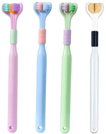 Triple Angle Toothbrush 4-Pack – 3 Sided Soft Bristle Adult Toothbrush with Tongue Scraper, V-Shaped 360° All-Round Teeth Cleaning for Gum Care & Plaque Removal (Purple, Blue, White, Green)