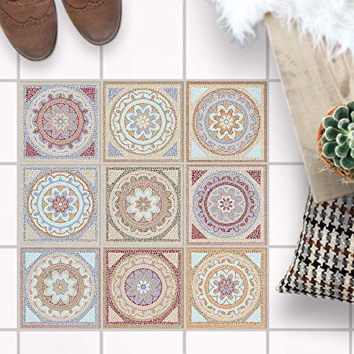 Klebefliesen - [ Fliesen für Boden ] - Folie Sticker Aufkleber für Fuß-Boden-Fliesen - Bad oder Küche I Fliesenfolie als alternative zu Fliesenfarbe I 20x20 cm - Design Mosaik Afrika
