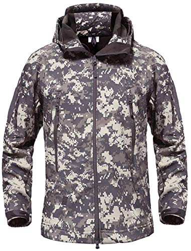 Taktische Militärjacke, warm, Fleece, langärmlig, mit Kapuze, Camouflage, Softshell, wasserdicht, für Camping, Jagd, Angeln, Outdoor, mit Kapuze Gr. XXL, ACU