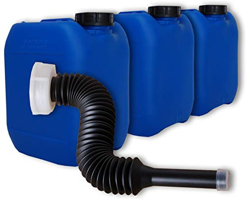 plasteo Lot de 3 bidons HDPE Jerrican 5 L, Bleu Alimentaire + 1 Long Bec verseur Flexible DIN 51 (22040x3+22036)