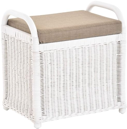 Korb-Outlet Rattan Sitzbank Sitzhocker mit Stauraum Rattanhocker mit Deckel Hocker (Weiß)